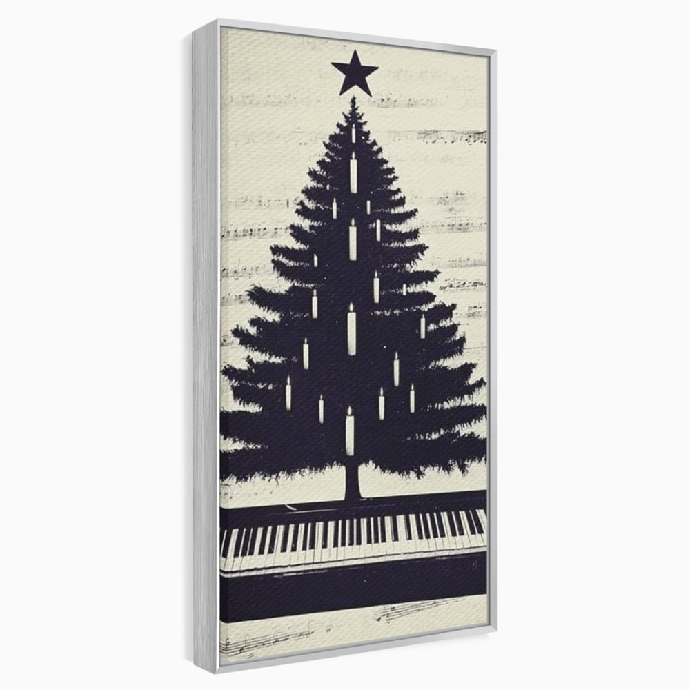 Tablou canvas cu tablou canvas cu brad din clape de pian, in rama de aluminiu argintiu